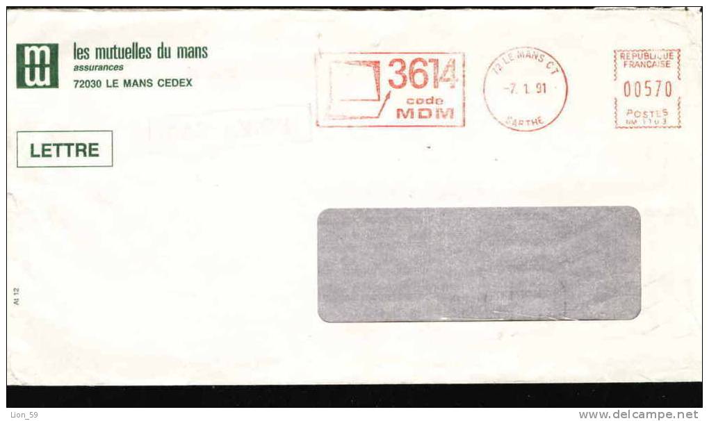 13597 / 72 LE MANS CT - 7.1.1991 - SARTHE / 3614 CODE MDM / LES MUTUELLES DU MANS ASSURANCES / PAR AVION Lettre France - Code Postal