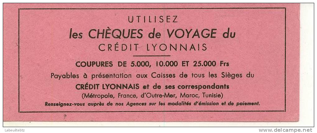 Crédit Lyonnais Chèques De Voyage  PRIX FIXE - Banque & Assurance