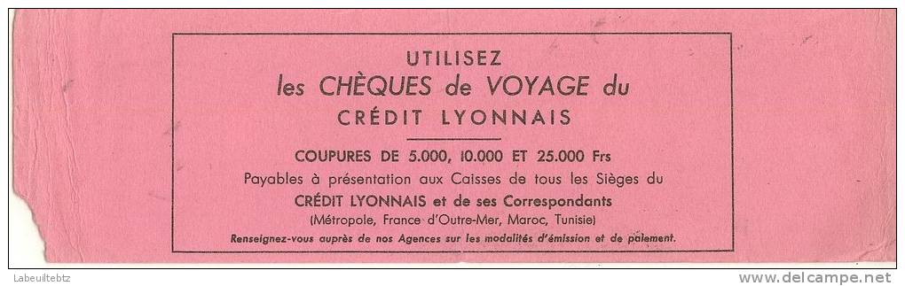 Crédit Lyonnais Chèques De Voyage  PRIX FIXE - Banque & Assurance