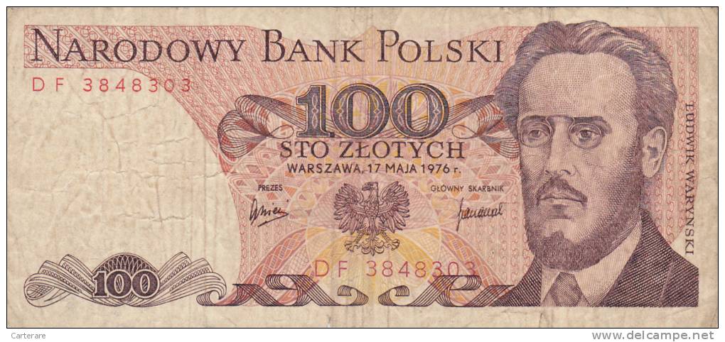 Billet  Banque POLOGNE,BANK POLSKI,POCZTA,100 STO ZLOTYCH,WARSZAWA, 17 Maja 1976,numéo DF 3848303 - Poland