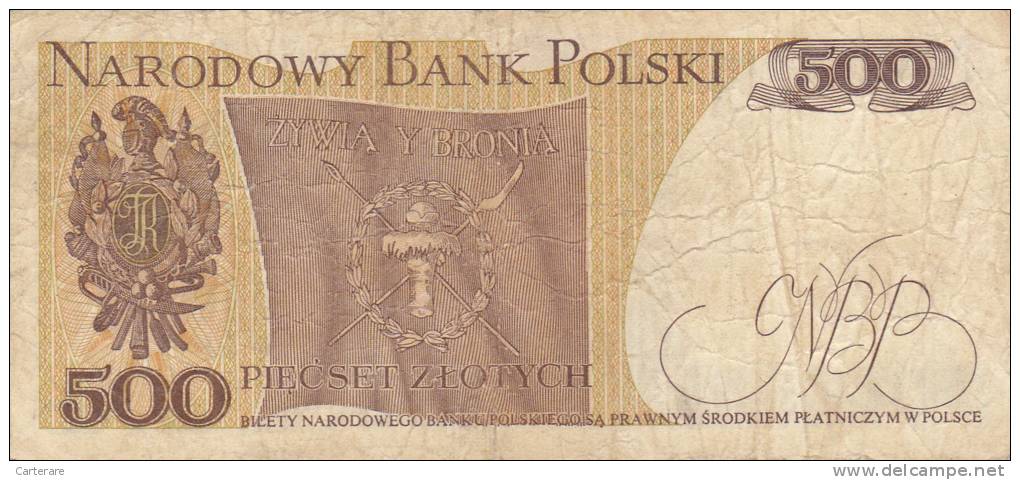 Billet  Banque POLOGNE,BANK POLSKI,POCZTA,500 PIECSET ZLOTYCH,WARSZAWA,1 Czerwca 1979,numéro B E 2822421 - Polonia