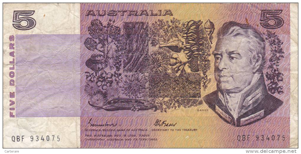 BILLET BANQUE AUSTRALIE,BANK AUSTRALIA,5  DOLLARS,FIVE,1979,numéro QBF 934075 - 1974-94 Australia Reserve Bank (papier)