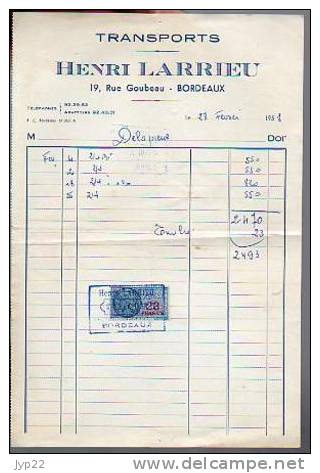 Facture Transports Henri Larrieu Rue Goubeau Bordeaux - CAD 28-02-1958 / Tp Fiscal 23 Francs - Viande Boucherie ... - Verkehr & Transport