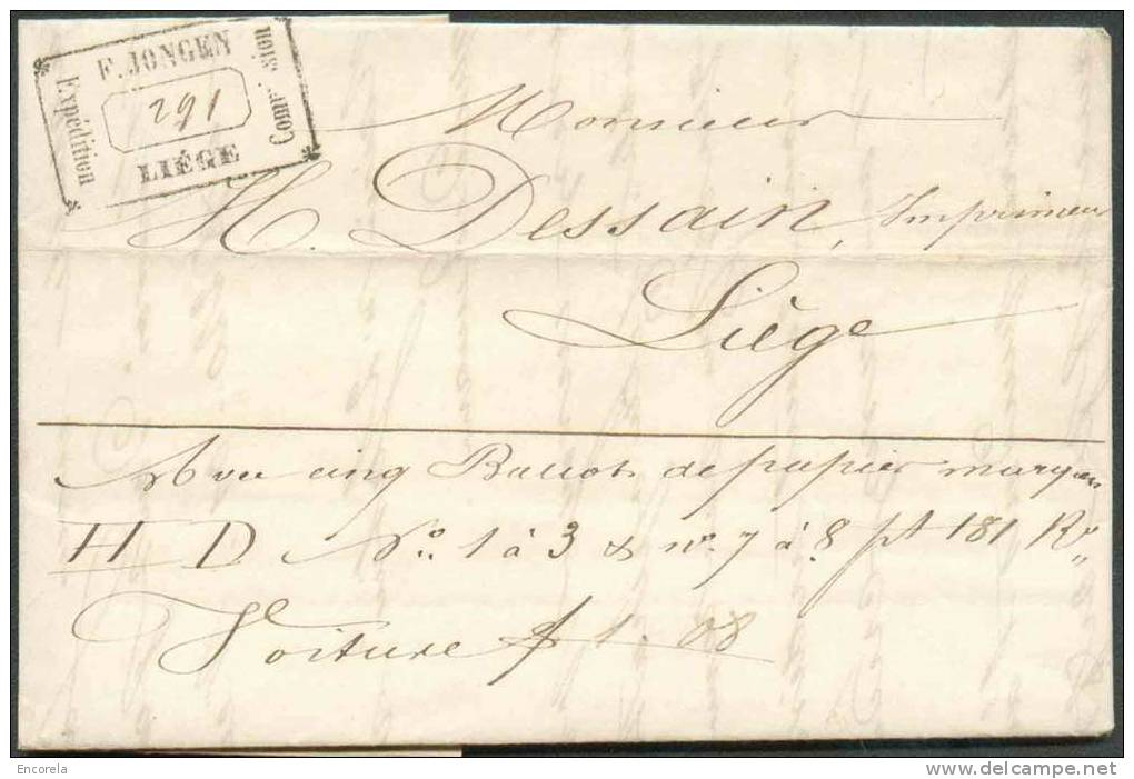 LAC De HUY Vers Liège Le 11-1-1844 + Cachet De L´intermédiaire (achemineur) F. JONGEN/Commission + Manuscrit "Avec Cinq - 1830-1849 (Belgica Independiente)