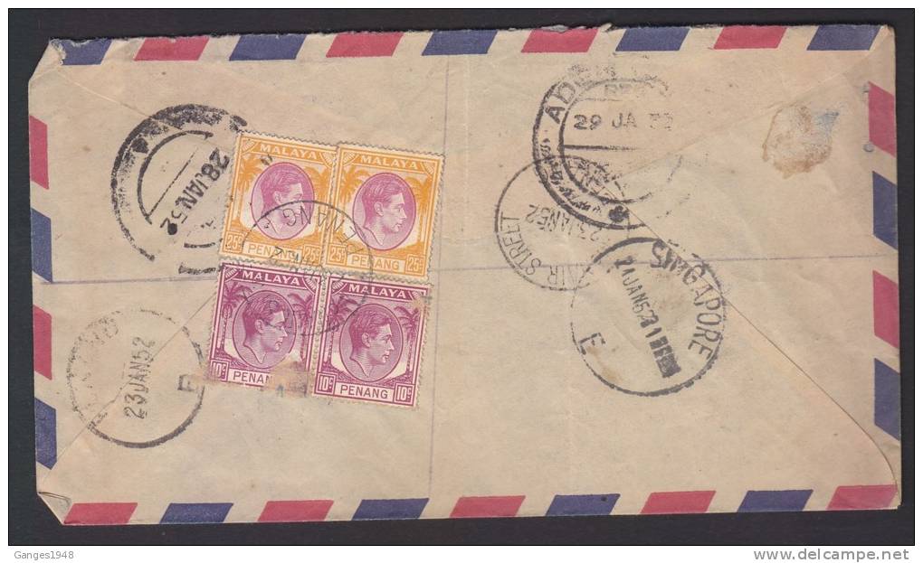 Penang Malaysia 1952 Registered Cover To Aden Via Singapore # 20065 - Penang