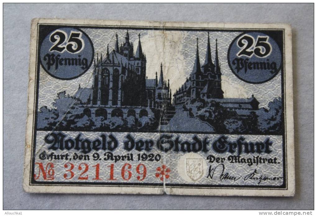 1920 ERFURT  25 PFENNING   Banknoten DEUTSCHE GERMANY ALLEMAGNE BILLET  DE BANQUE Banconota  BANK REPUBLIQUE DE  WEIMAR - Deutsche Golddiskontbank