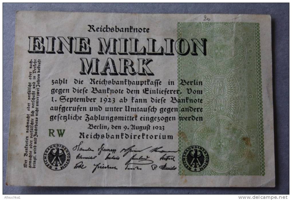 1923 1 MILLION MARK  REICHBanknoten  BERLIN DEUTSCH  GERMANY ALLEMAGNE BILLET  DE BANQUE Banconota  BANK - 1 Million Mark