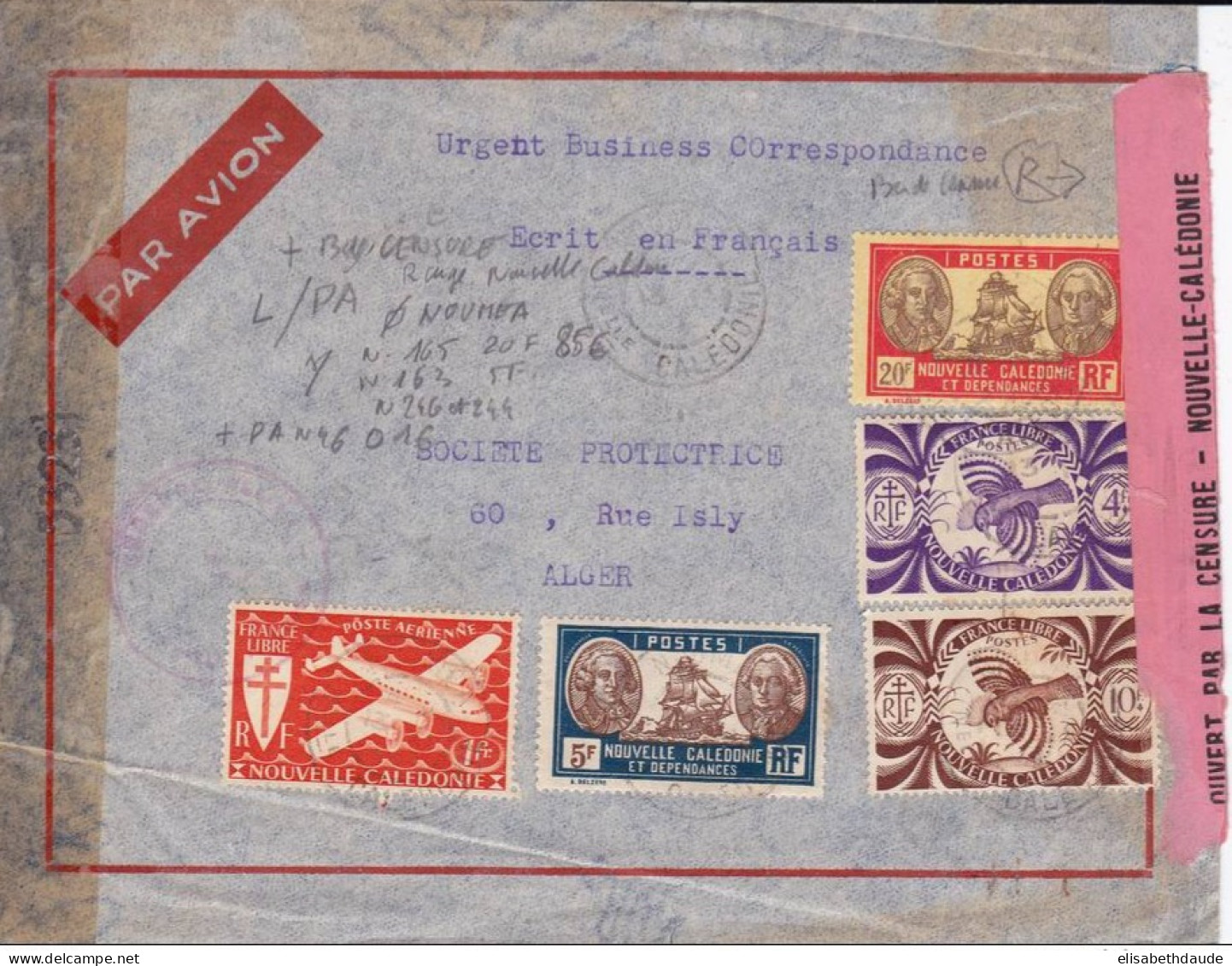 NOUVELLE-CALEDONIE - 1943 - ENVELOPPE Par AVION Avec 2 CENSURES (RARE BANDE DE FERMETURE) De NOUMEA Pour ALGER - Brieven En Documenten