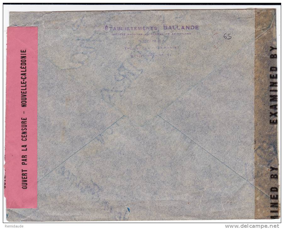 NOUVELLE-CALEDONIE - 1943 - ENVELOPPE Par AVION Avec 2 CENSURES (RARE BANDE DE FERMETURE) De NOUMEA Pour ALGER - Covers & Documents