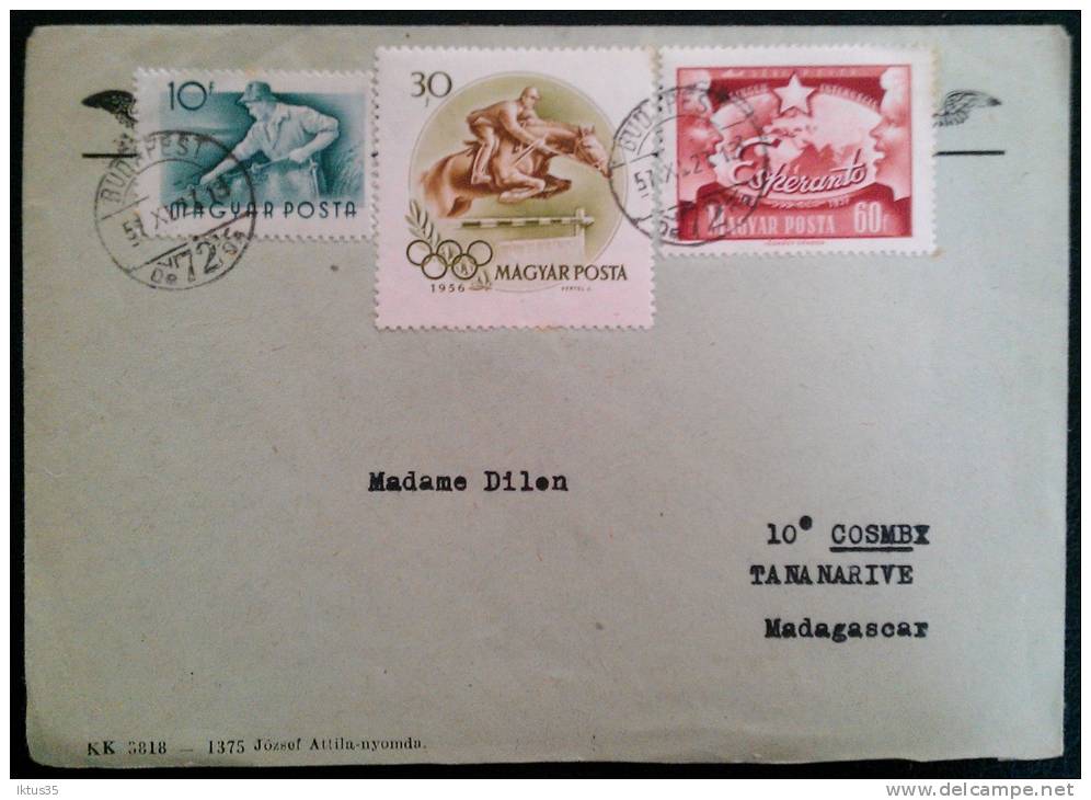ENVELOPPE PAR AVION DE BUDAPEST HONGRIE A TANANARIVE MADAGASCAR 1957 - Lettres & Documents