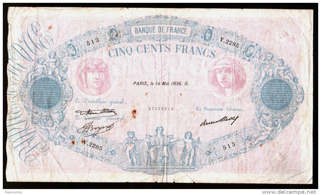 FRANCE - BANQUE De FRANCE - 500 FRANCS BLEU Et ROSE (Paris 14 MAI 1937 O) - 500 F 1888-1940 ''Bleu Et Rose''