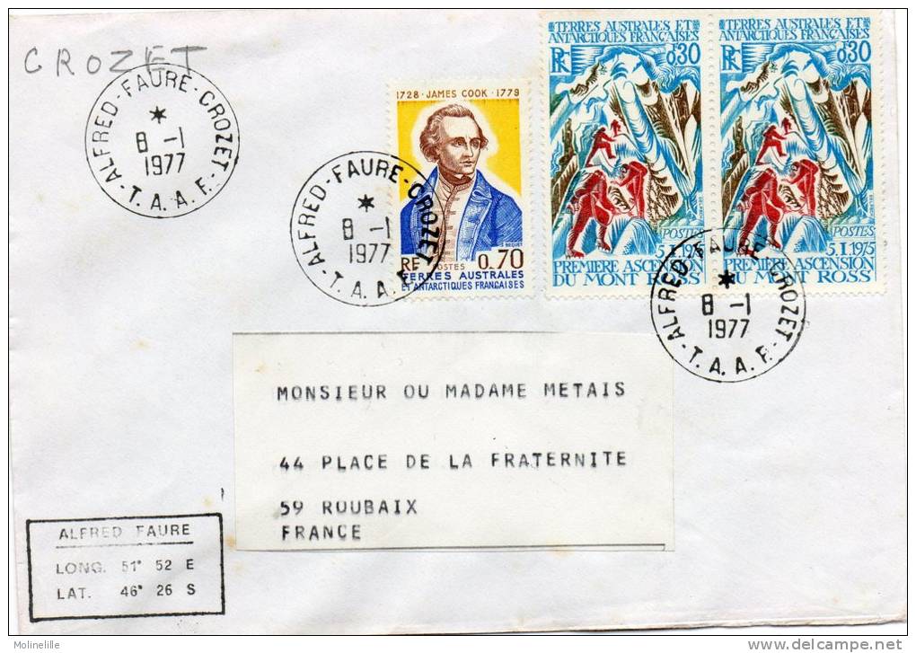 T.A.A.F N° 61 X 2 Et 63 Sur Enveloppe - Mont ROSS - JAMES COOK  - Cachet :  ALFRED FAURE - CROZET   1977 - Polar Explorers & Famous People