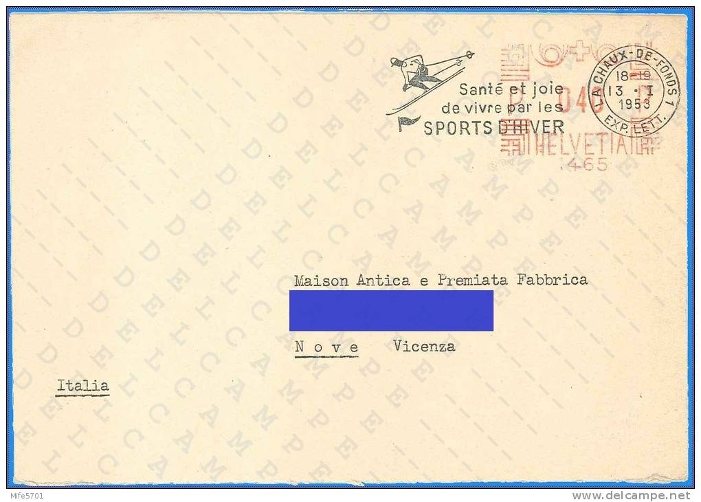 EMA: SVIZZERA LA CHAUX DE FONDS - Sfr. 0,40 - Annullo: "SANTE E JOIE DE VIVRE PAR LES SPORTS D´HIVER * 13.I.1953" - Postage Meters