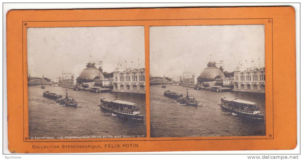 CARTE Photo Vue Stéréoscopique Félix Potin France Paris Exposition 1900 Vue Panoramique De La Seine Rive Gauche Péniches - Stereoscopic