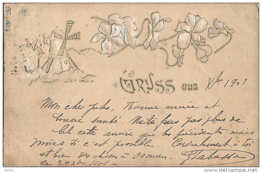 Précurseur Gruss Illustration Moulin Et Fleurs Relief 1901 - Before 1900