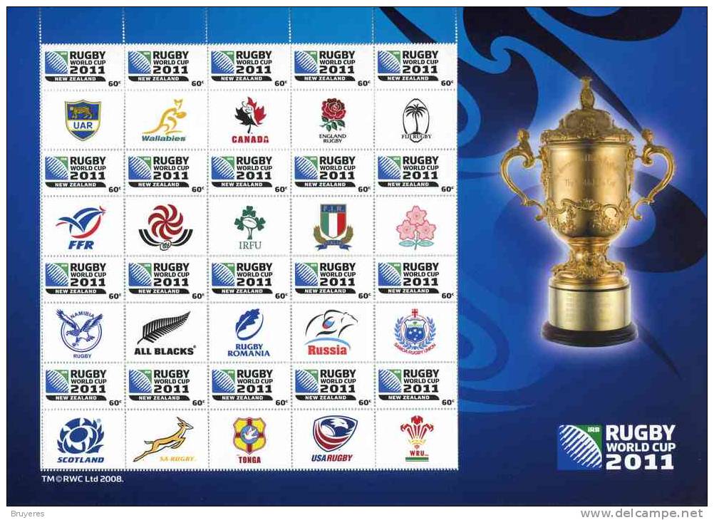 Feuillet De 20 Timbres** Gommés "Coupe Du Monde De Rugby 2011 - Logo Des Equipes Participantes" - Rugby