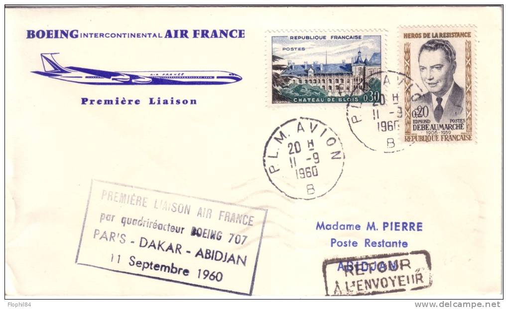 1er LIAISON PARIS DAKAR ABIDJAN 11-9-1960 - CACHET PLM AVION B DU 11-9-1960 - VERSO ARRIVEE ABIDJAN. - 1960-.... Brieven & Documenten