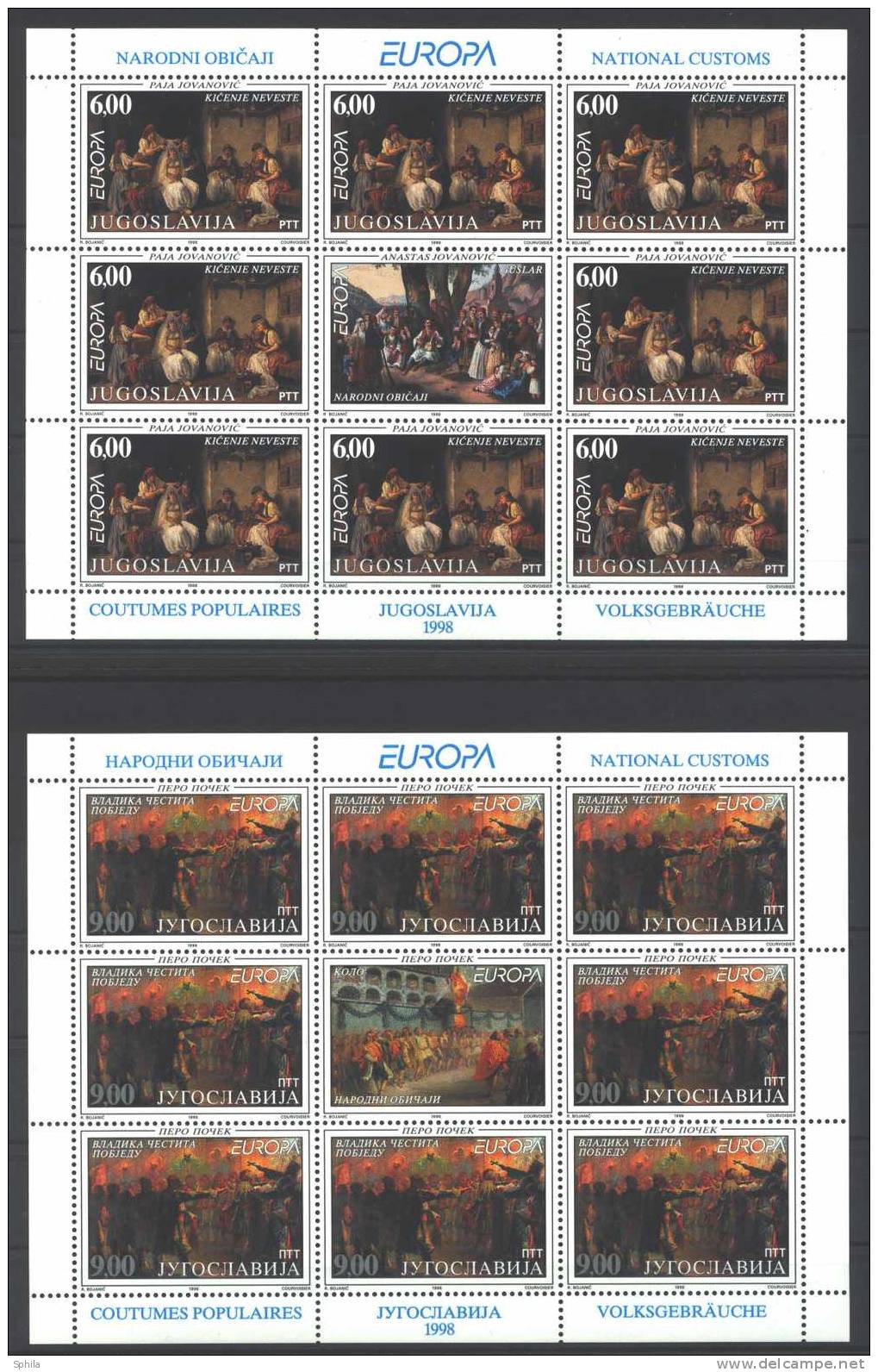 Jugoslawien – Yugoslavia 1998 Europa CEPT Mini Sheets MNH; 9 D 4 Mm Wrinkles At Top Selvage Above Position #1 - Blocks & Sheetlets