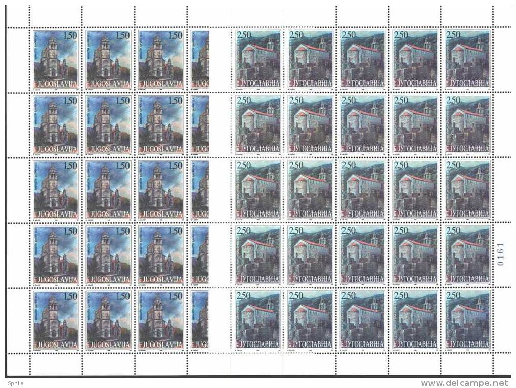 Yugoslavia 1998 Monasteries In Montenegro Sheets MNH; Hidden Mark ("engraver") In The Position #7 Of The 2.50 D Sheet - Neufs