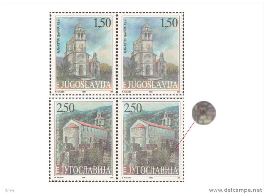 Yugoslavia 1998 Monasteries In Montenegro Sheets MNH; Hidden Mark ("engraver") In The Position #7 Of The 2.50 D Sheet - Neufs