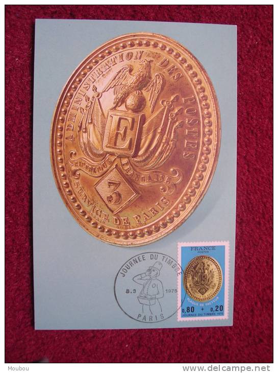 CM Journée Du Timbre 1975- Oblitéré PJ 8/3/75 Paris - Carte Musée Postal -plaque Facteur - 1970-1979