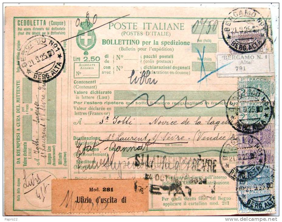 Bulletin D'expédition Colis Postal 1925 Bergamo Pour St Laurent Sur Sèvre - Pacchi Postali