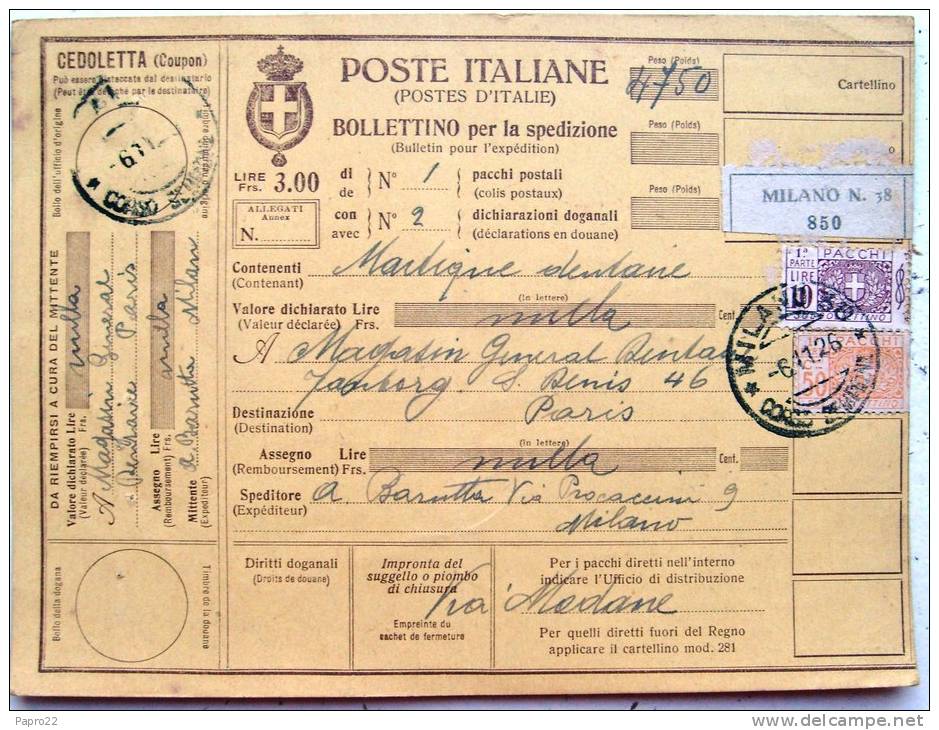 Bulletin D'expédition Colis Postal 1926 Milano Pour Paris - Colis-postaux