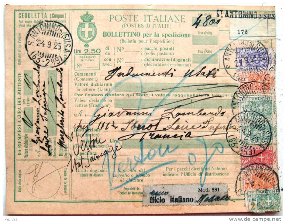 Bulletin D'expédition Colis Postal 1925 St Antonio Di Susa  Pour Iberot Vertou - Colis-postaux