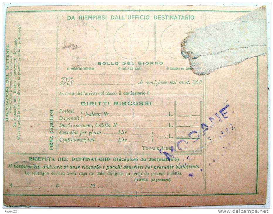 Bulletin D'expédition Colis Postal 1925 St Antonio Di Susa  Pour Iberot Vertou - Colis-postaux