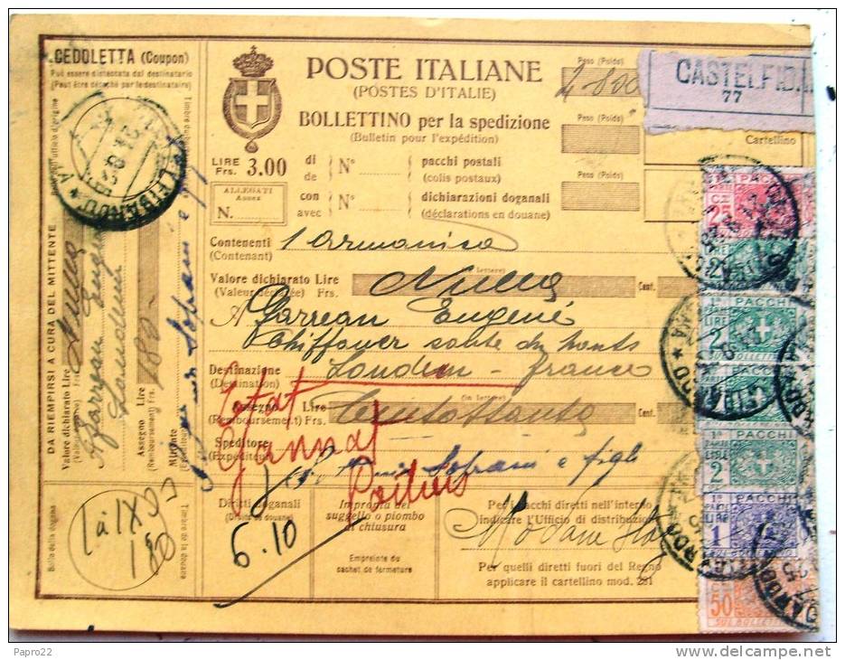 Bulletin D'expédition Colis Postal 1925 Castel Fidardo Pour Loudun - Colis-postaux