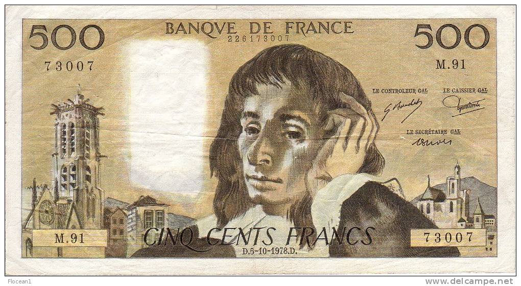 ****  BILLET  500 FRANCS PASCAL  5-10-1978  ALPHABET M.91 **** - 500 F 1968-1993 ''Pascal''