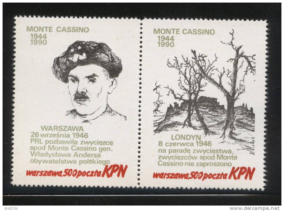 POLAND SOLIDARNOSC KPN 1990 MONTE CASSINO 1944-1990 PAIR (SOLID 0563/0479) General Anders Famous Battles WW2 World War - Fantasie Vignetten