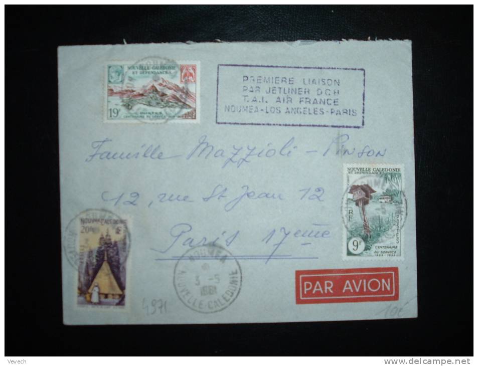 LETTRE NOUVELLE CALEDONIE PREMIERE LIAISON PAR JETLINER DCH TAI AIR FRANCE NOUMEA LOS ANGELES PARIS 3-5-1961 - First Flight Covers