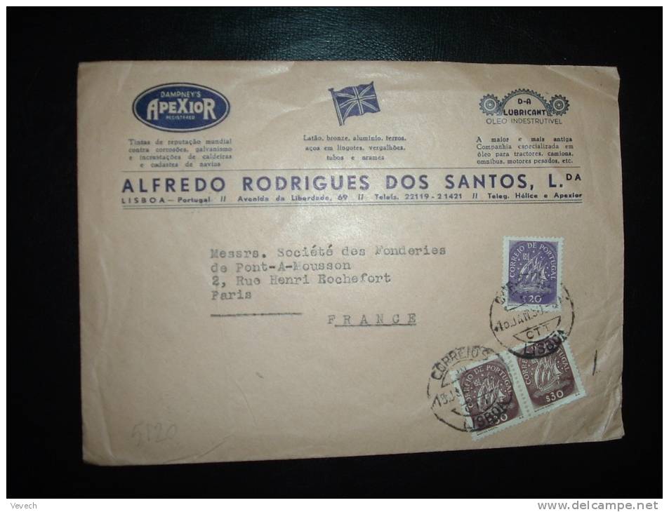 LETTRE TP 20 S + 30 S X2 OBL. 15-JAN-50 CORREIOS LISBOA (THEME MER BATEAU MARITIME) - Cartas & Documentos