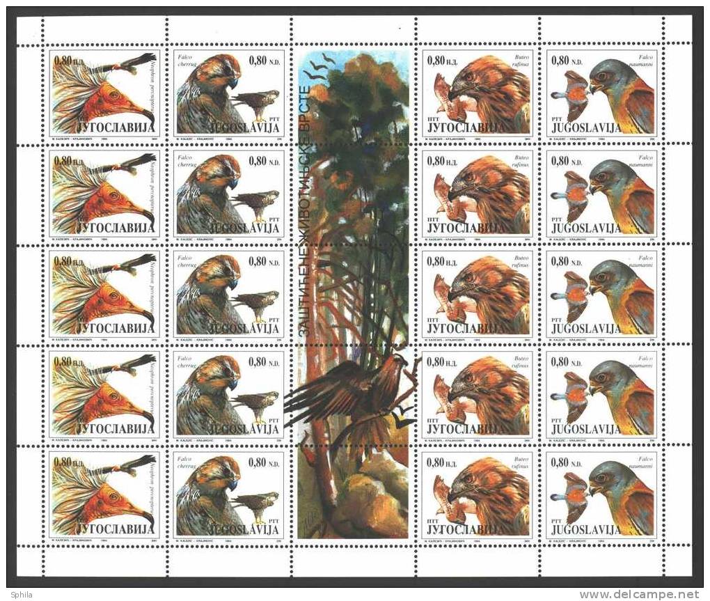 Jugoslawien – Yugoslavia 1994 Protected Animals – Birds Of Prey Sheet Of 20 Stamps + 5 Labels (5 Sets), 2 X; Mi.2647-50 - Blocks & Sheetlets