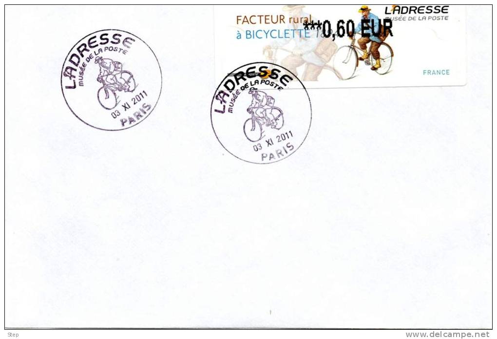 MUSEE DE LA POSTE PARIS :  Vignette D´Affran LISA "FACTEUR RURAL A BICYCLETTE 1894" 0.60E +Env Oblitération CONCORDANTE - 2010-... Illustrated Franking Labels