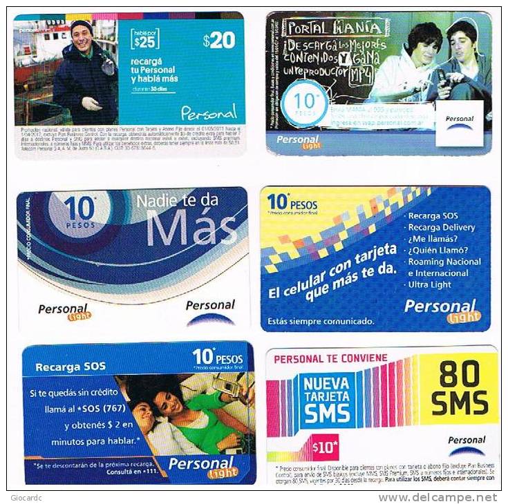 ARGENTINA  -  PERSONAL  (RECHARGE GSM)  - LIGHT: LOT OF 6 DIFFERENT     - USED   - RIF. 265 - Argentine