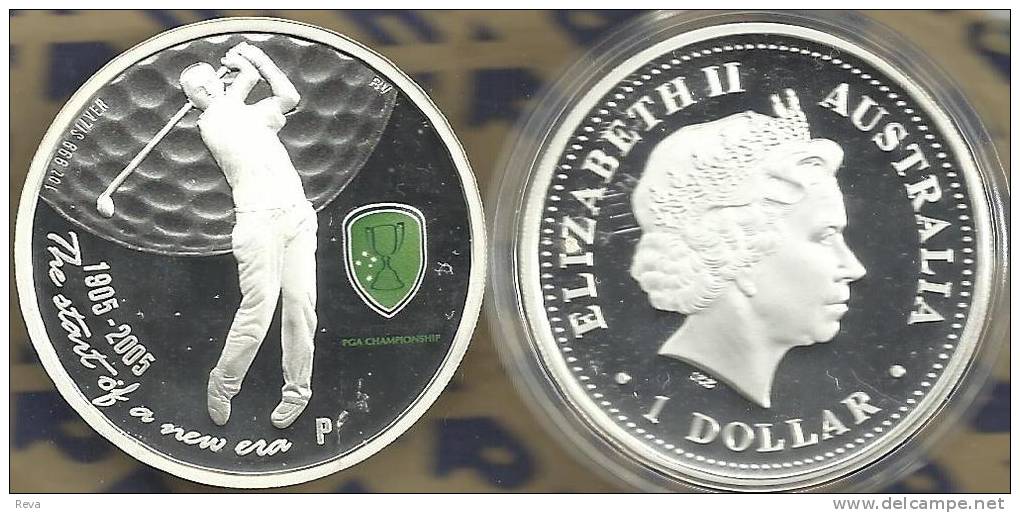 AUSTRALIA $1 GOLF SPORT 100 YEARS 2005 SILVER 1Oz COLOURED PROOF QEII BACK READ DESCRIPTION CAREFULLY!! - Mint Sets & Proof Sets