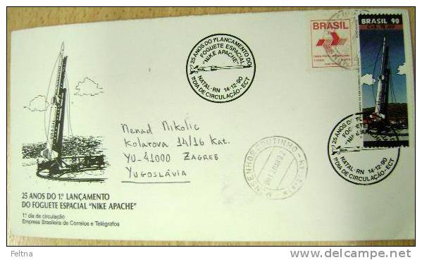 1990 BRASIL FDC SENT TO YUGOSLAVIA 25 YEARS OF FIRST FLIGHT OF ROCKET NIKE APACHE - Amérique Du Sud