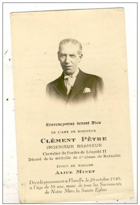 Image Mort. Clément Pêtre - Ingénieur Brasseur - Déc. Floreffe 1940 à L'age De 58 Ans - Images Religieuses