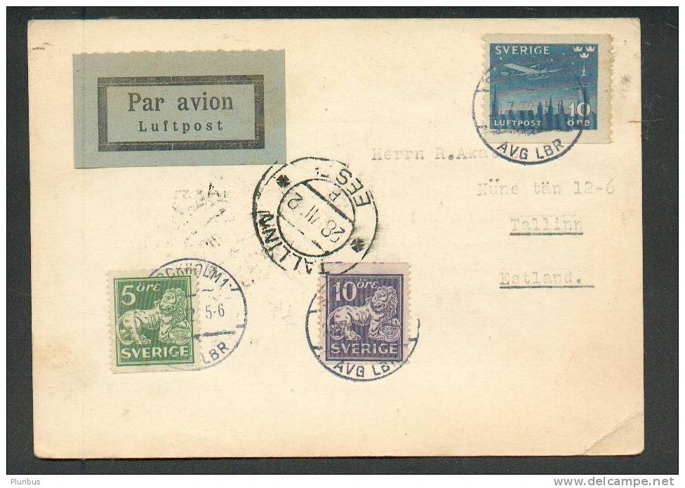 SWEDEN TO ESTONIA 1932 STOCKHOLM POSTCARD, LUFTPOST , AIRMAIL , PAR AVION - Lettres & Documents