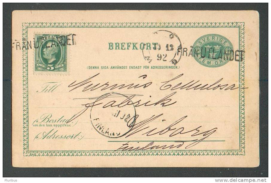 1892 SWEDEN TO FINLAND WIBORG VYBORG VIIPURI , POSTAL STATIONERY BREFKORT,  FRAN UTLANDET CANCELLATION, RUBBER FACTORY - Entiers Postaux