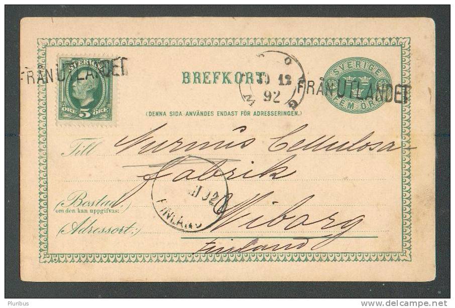 1892 SWEDEN TO FINLAND WIBORG VYBORG VIIPURI , POSTAL STATIONERY BREFKORT,  FRAN UTLANDET CANCELLATION, RUBBER FACTORY - Postal Stationery