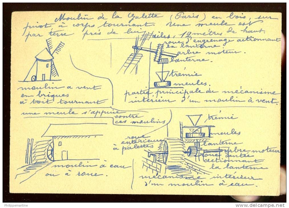 Dessin De Moulin à Vent  En Bois Sur Pivot à Corps Tourant D'après Le Moulin De La Galette (scan Recto Verso) - Architectuur