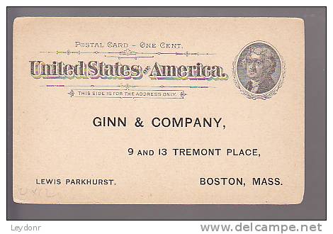 Thomas Jefferson - Postal Card - UX12 - Ginn &amp; Company, 9 And 13 Tremont Place, Boston, MASS - ...-1900