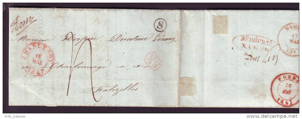 Lettre CHARLEROY/1847 + Boîte Z De MARCHIENNE + Oval DEBOURSE/NAMUR + Réexpédiée Avec Man. "Fosses". RR - 1830-1849 (Belgique Indépendante)