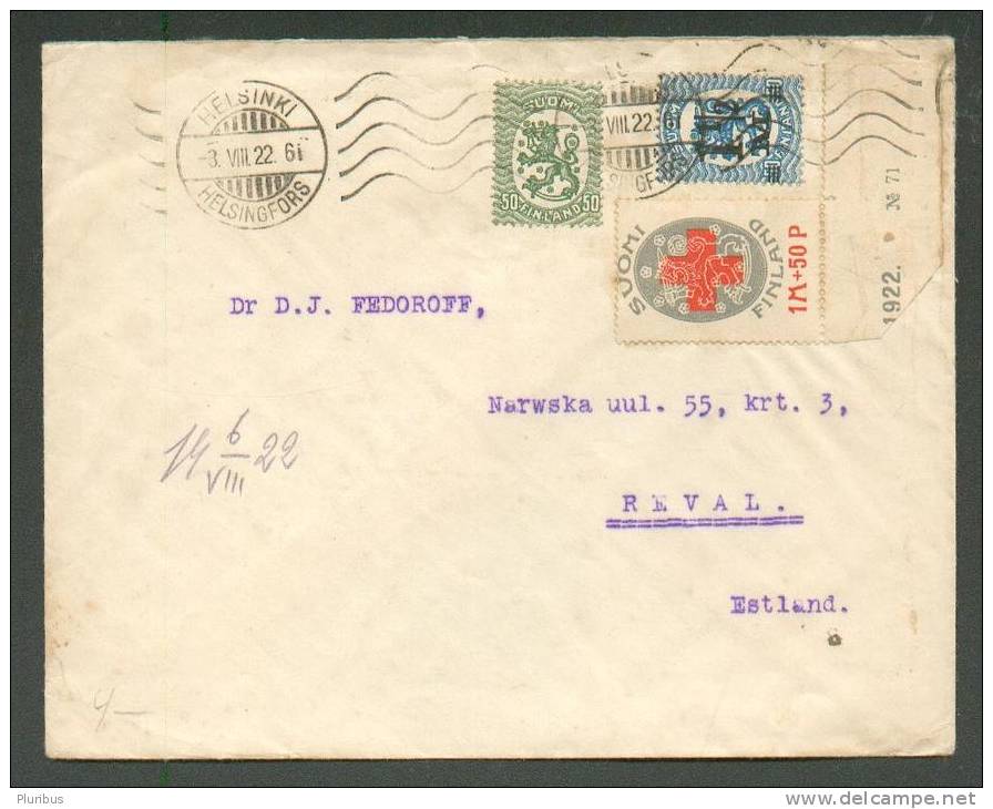 1922 HELSINKI FINLAND  COVER TO ESTONIA, Mi111 RED CROSS  1M+50P (allowed For Inland Use Only!) - Briefe U. Dokumente