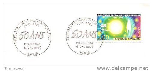 1er Jour Timbre  électrité  De France Gaz De France , Ampoule électrique , Flamme , 50 Ans : 1946-1996 - Elektriciteit