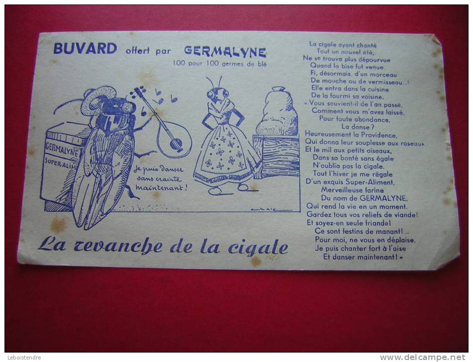 BUVARD-OFFERT PAR GERMALYNE 100 POUR 100 GERMES DE BLE-LA REVANCHE DE LA CIGALE  -PHOTO RECTO / VERSO - Food