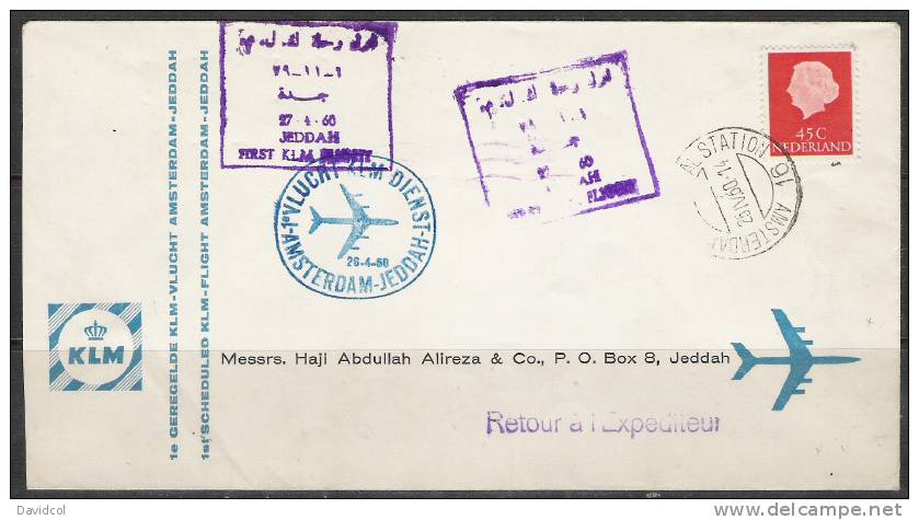 SA193.-.NETHERLANDS / HOLANDA .-. KLM FIRST FLIGHT AMSTERDAN TO JEDDAH - 26-ABR-60, ARRIVAL CACHET JEDDAH - Covers & Documents